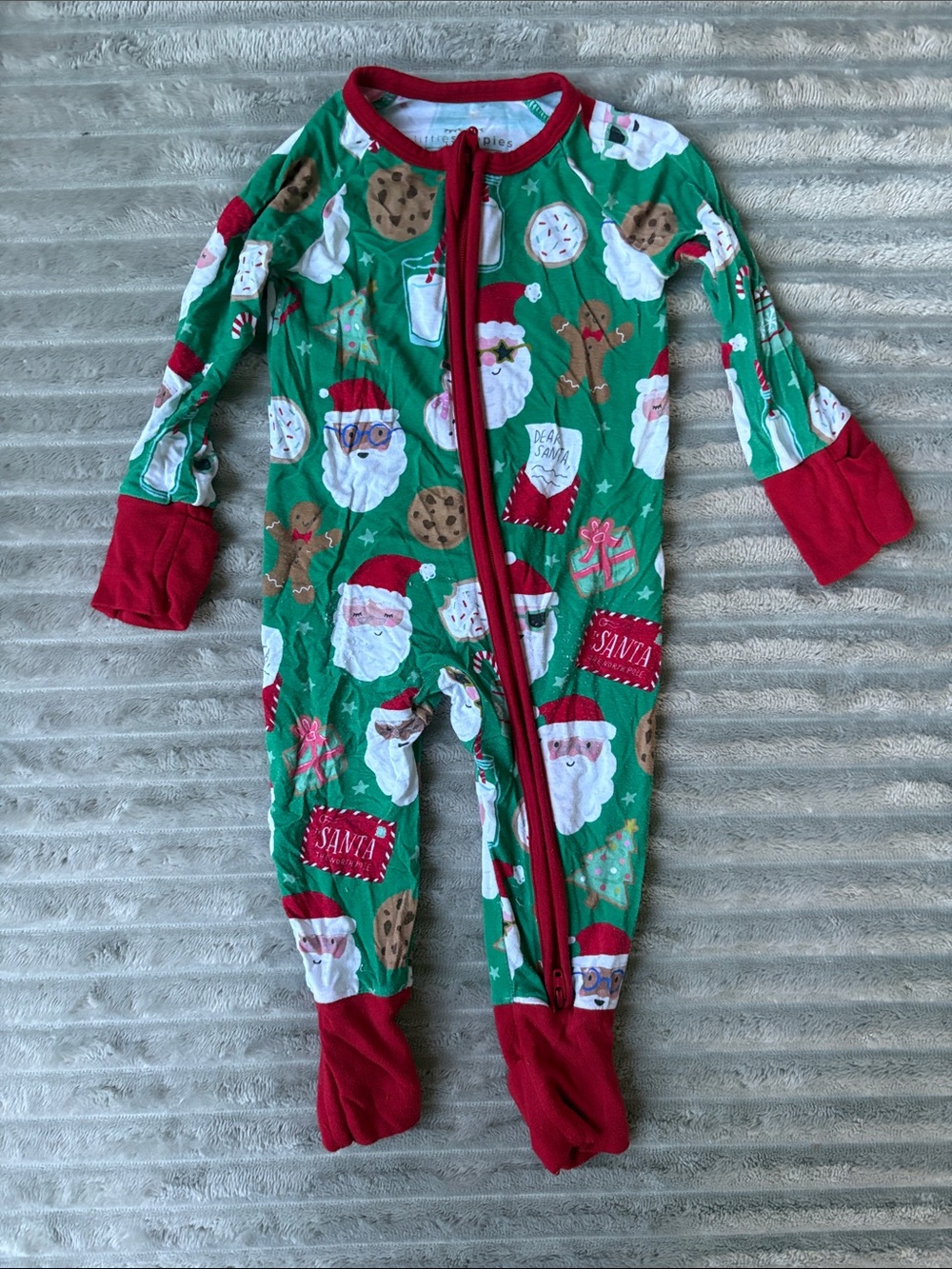 Little Sleepies Green Santa & Cookies Holiday Footed One-Piece with Red Trim